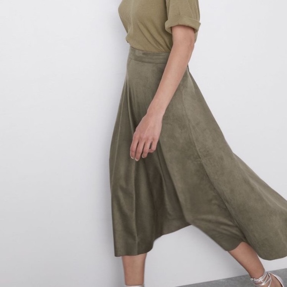 Zara Army Green Faux Suede Midi Skirt S XS - Picture 4 of 8